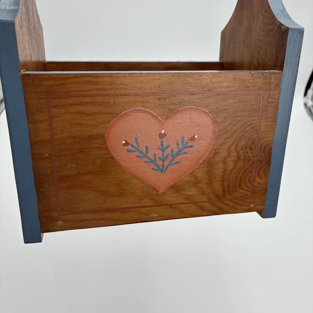 Vtg Hand Painted Wooden Caddy Folk Art Heart Duck Country‎ craft Organizer Blue